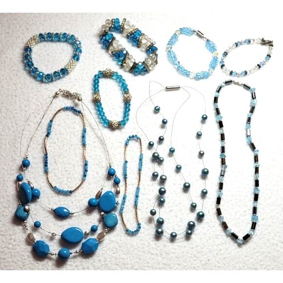 10 Pc Beaded Necklaces Bracelets Lot Blue Glass Acrylic Beads Hematite Boho Y2K - Picture 1 of 8